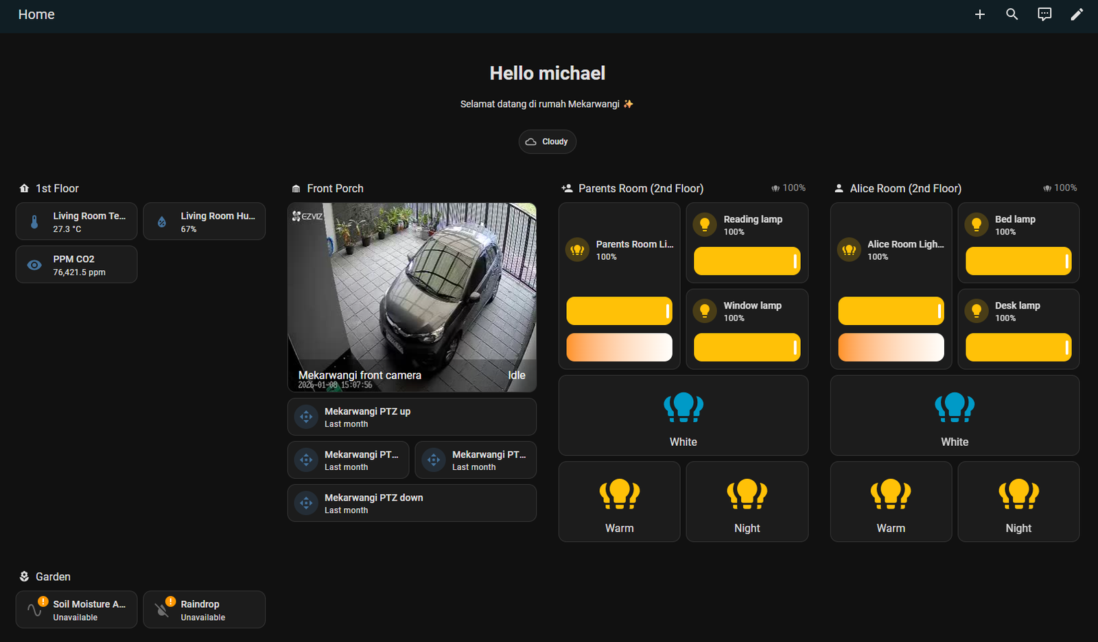 Custom Home Assistant dashboard showing room controls and a front porch camera feed