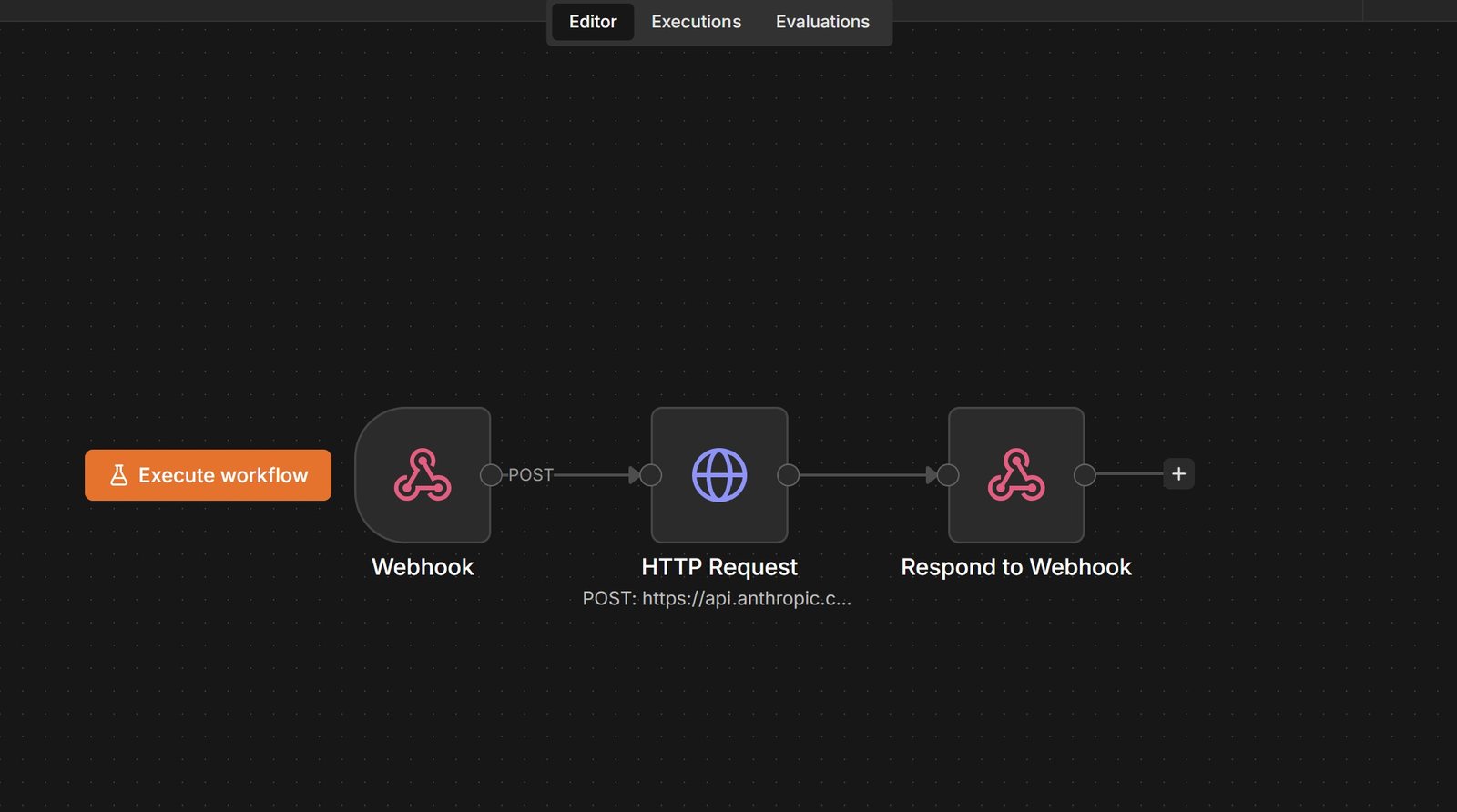 n8n canvas showing the Webhook, HTTP Request, and Respond to Webhook nodes connected in sequence