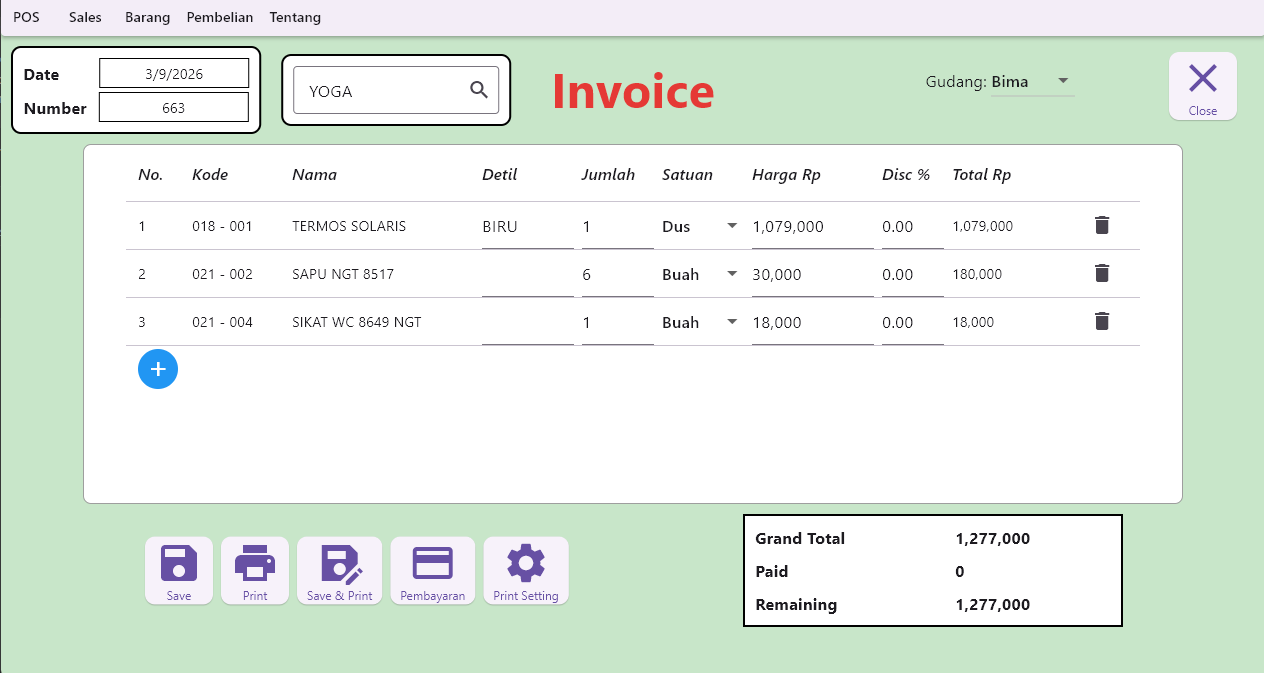 POS app screen showing a transaction being entered — items and totals calculated, before saving or printing