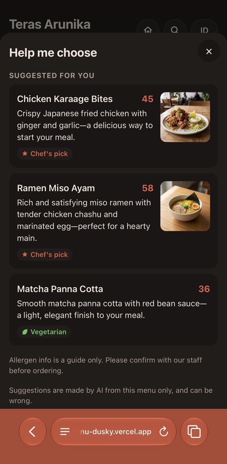 AI suggestions panel listing Chicken Karaage Bites, Ramen Miso Ayam and Matcha Panna Cotta, each with a reason, followed by a note to confirm allergens with staff