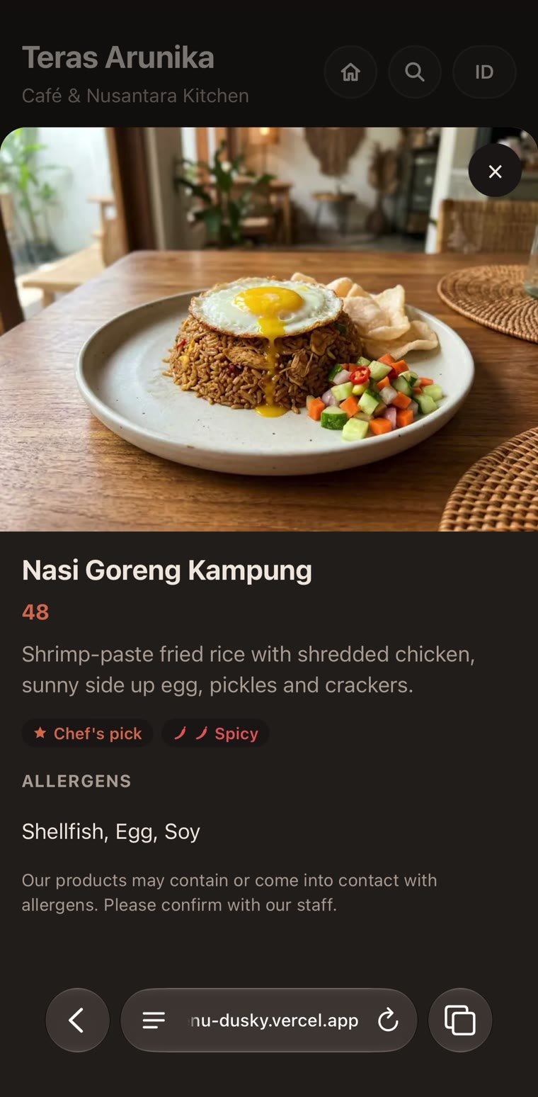 Web menu item sheet for Nasi Goreng Kampung: photo, price 48, chef's pick and spicy badges, and the allergen list
