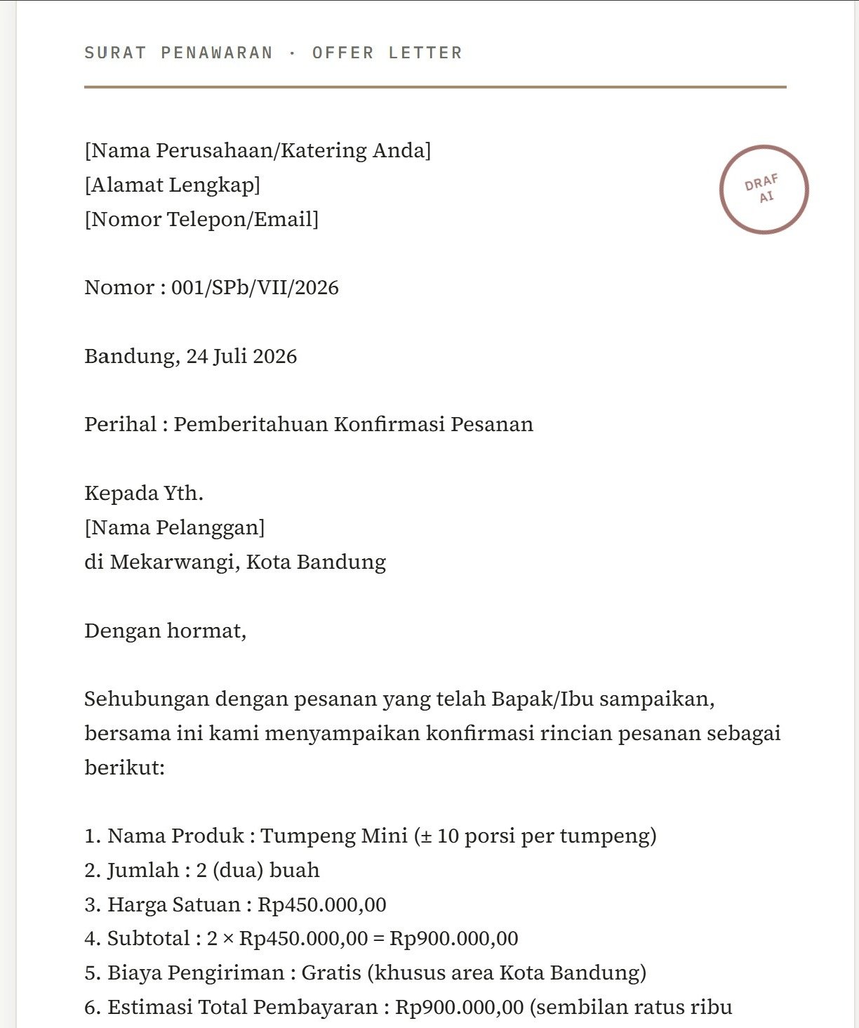 Generated Surat Penawaran with letterhead, document number, and formal Indonesian text