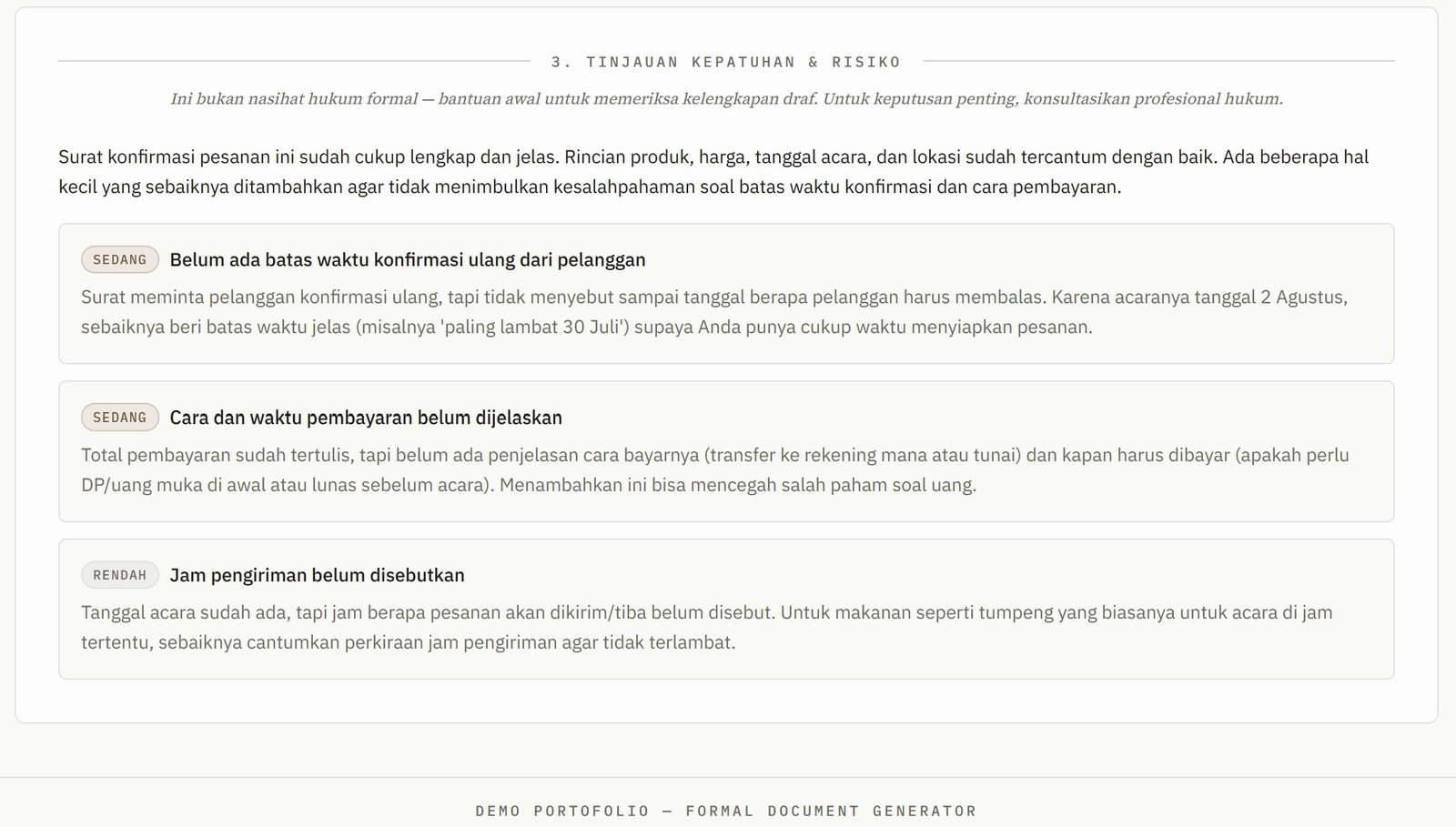 Compliance review panel showing severity-badged flags with plain-language explanations