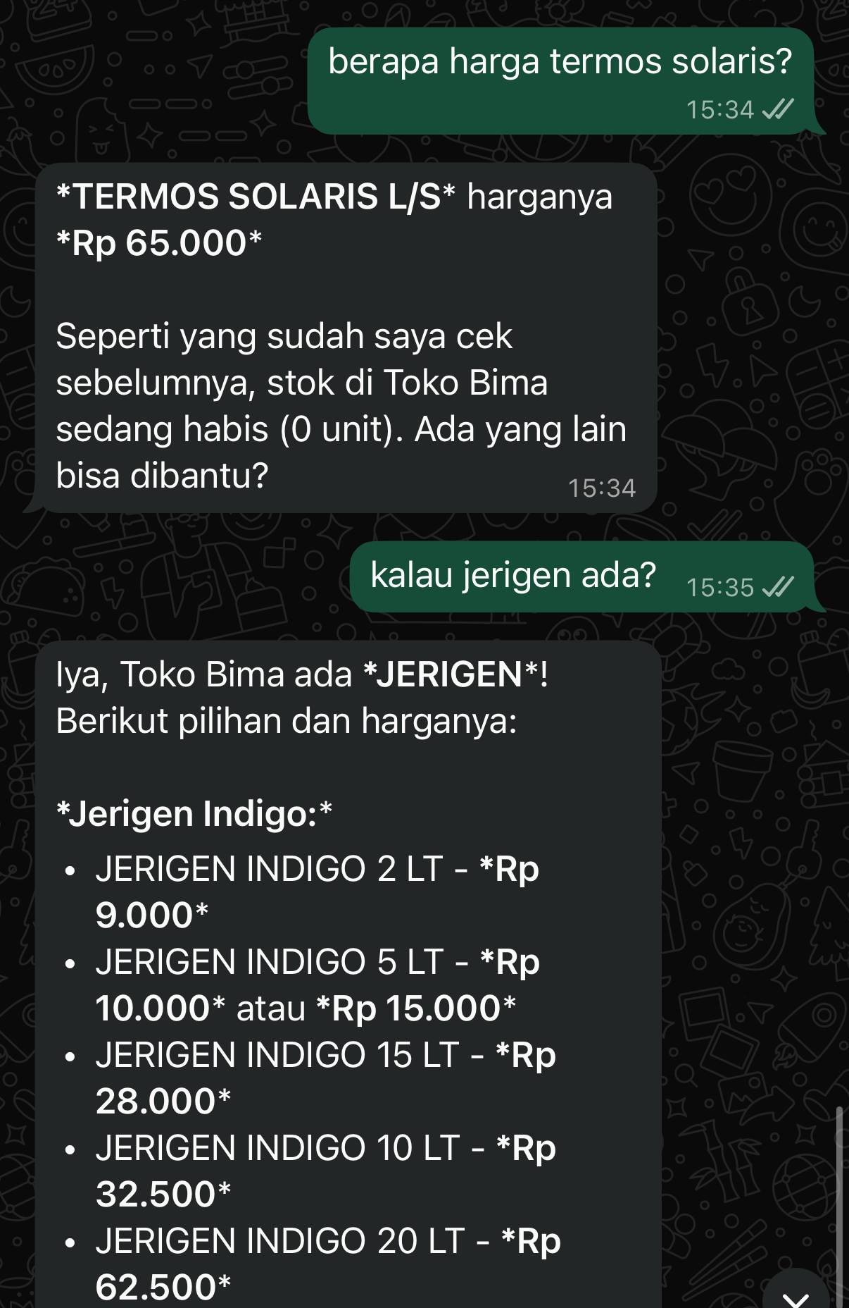 WhatsApp conversation where the assistant replies with the price and stock status of a jerry can