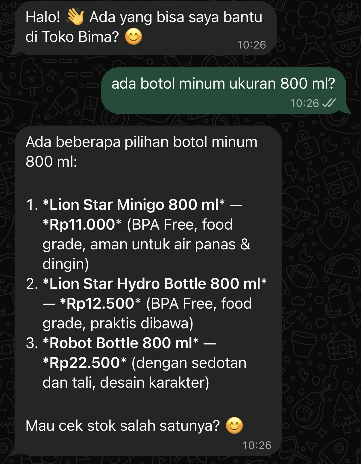 WhatsApp conversation: customer asks for an 800ml water bottle, assistant lists three matching branded products with prices and features