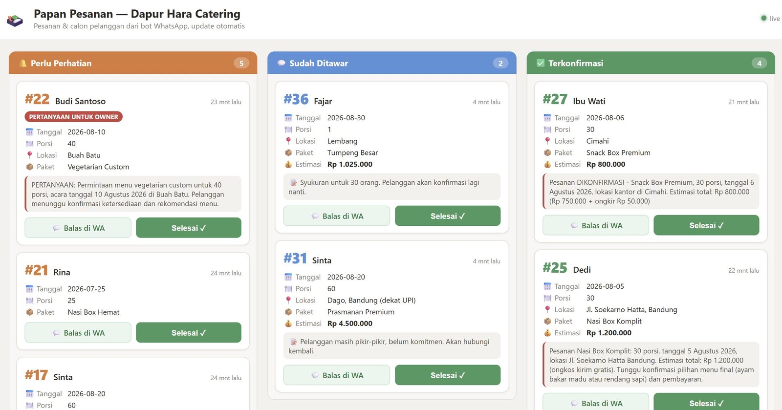 Owner order board with cards in all three columns: Needs Attention, Quoted, Confirmed