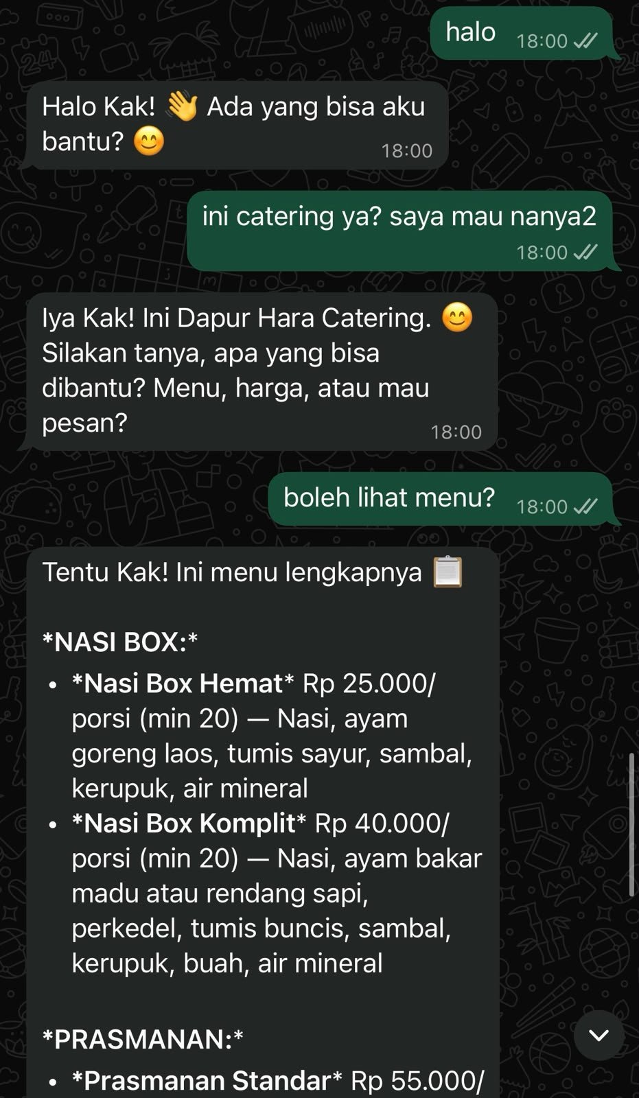WhatsApp conversation showing the bot greeting the customer and answering a menu question