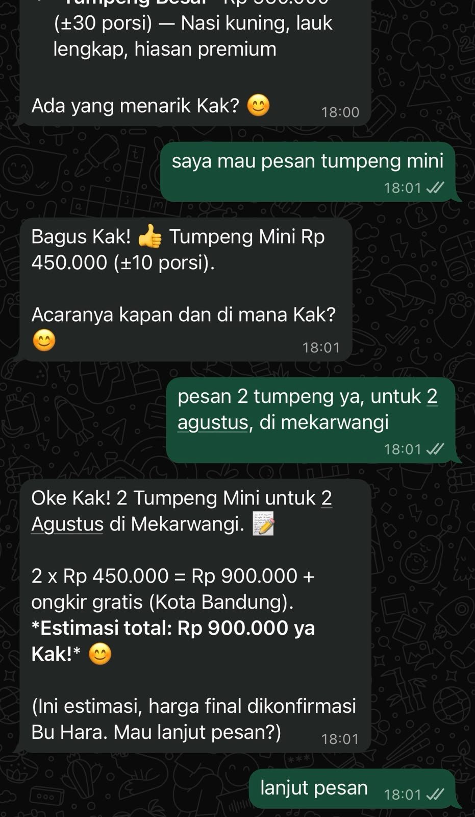 WhatsApp conversation showing the bot capturing portions, date, and location, then estimating a price