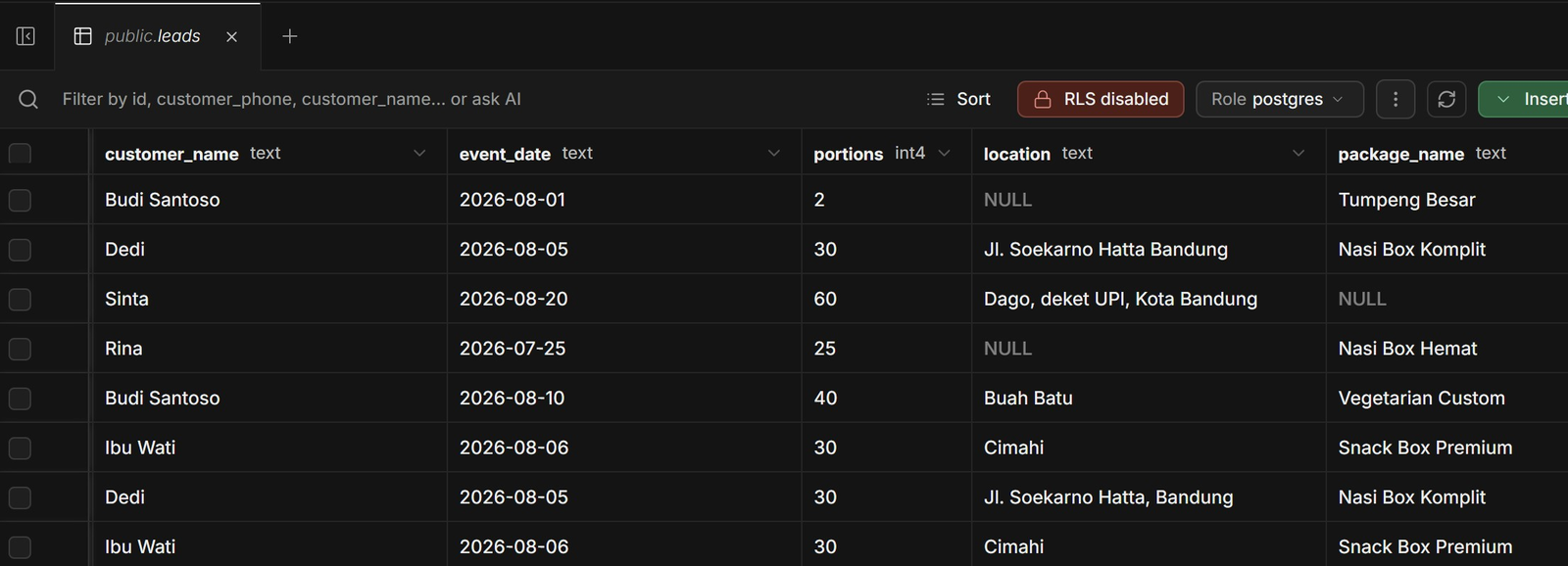 Supabase leads table with structured rows: customer name, event date, portions, location, package name