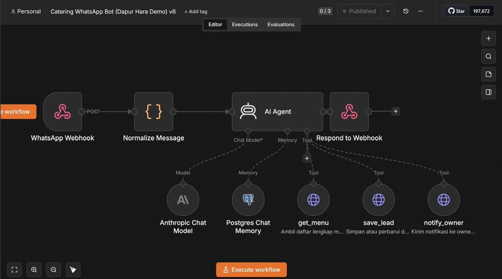 n8n workflow canvas showing the AI agent node connected to the get_menu, save_lead, and notify_owner tools